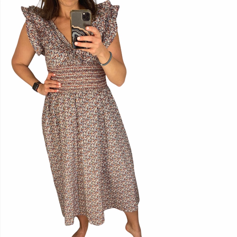 OPT Smocked Midi Dress with Puff Sleeves